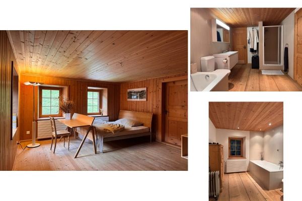 Schlaf/Wohnzimmer und angrenzendes Badezimmer.