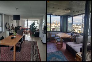 shared spaces (kitchen, living room, loggia)