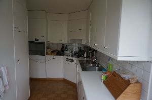 Helle, sehr gut ausgestattete Küche mit Balkon